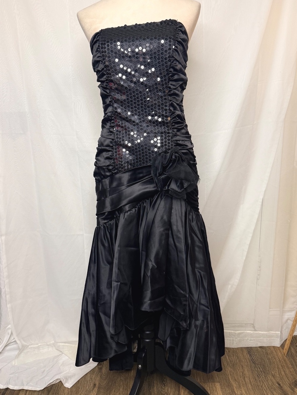 Zum Zum Niki Livas Vintage 80s Black Sequin Ruched Mermaid Midi Dress